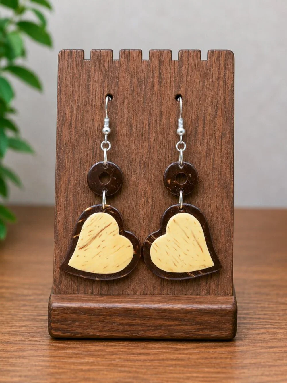 Two-Tone Wood Heart Drop Earrings